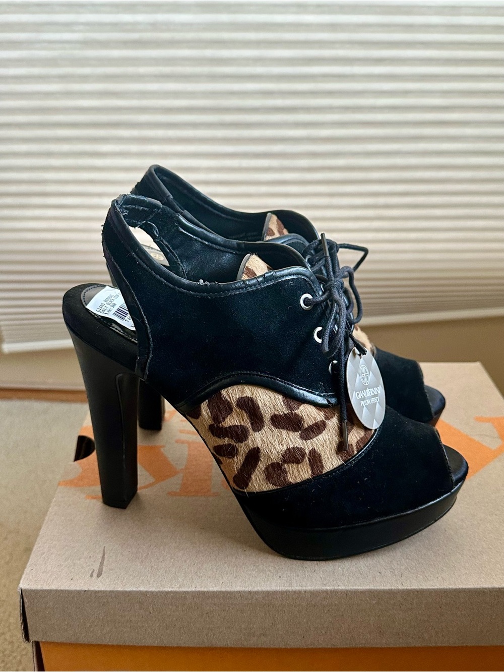 Gianni Bernini Black Suede Peep-Toe High Heels with Leopard Accent